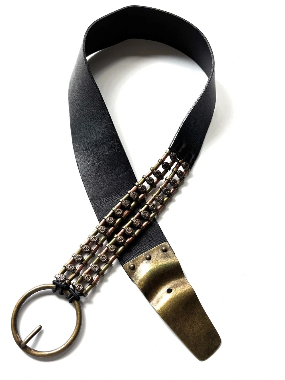 Black Leather Belt w/ Brass Gold Copper Metal Chain Hardware M-L Chicos vintage